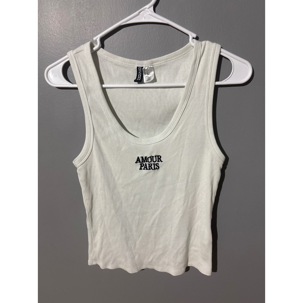 H&M Divided Amour Paris Ribbed Tank Top White Sleeveless Scoop Neck Large